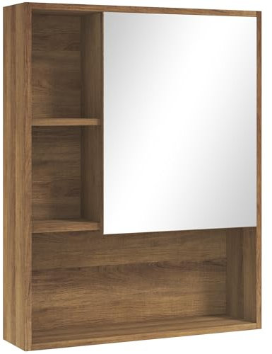 kleankin Badspiegelschrank mit verstellbaren Einlegeböden, Bad-Hängeschrank mit platzsparender Tür, Wandmontage, 60x15x76 cm, Nussbaum