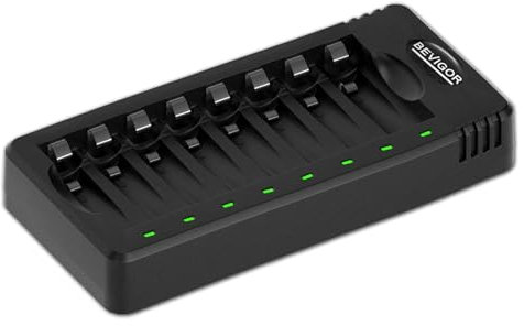 BEVIGOR Cargador De Pilas, 8 Ranuras Independientes para Pilas Recargables NiMH, Carga Rápida, Pilas No Incluidas