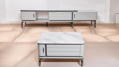 Modern High Gloss White Entertainment Unit & Coffee Table Set with Silver Accents – TV Stand with Drawers & Door, Matching Square Coffee Table – Contemporary Living Room Furniture