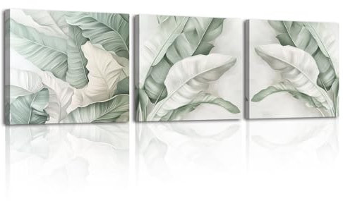Piy Painting Minimalistische Leinwand Gemälde, Leaf Leinwand Wandbilder, Grüne Wanddekoration Gemälde, Leinwanddruck Für Schlafzimmer Wohnzimmer Büro Bad Eingangsbereich, 3 Paneele 30x30 cm