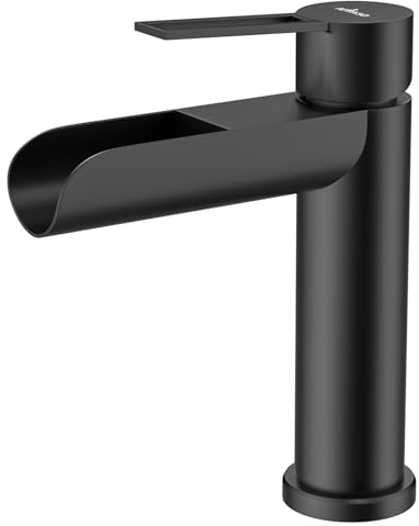 APPASO Wasserhahn Bad Schwarz, wasserfall wasserhahn, Waschbeckenarmatur mit, Auslauf Höhe 115mm, armatur badezimmer, wasserhahn schwarz bad, einhebelmischer waschbecken