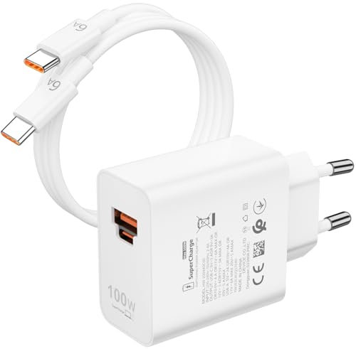 100W Cargador USB y Cable USB C para Honor Magic7 Pro Magic7 5G, Supercharge Carga 6A Carga Rápida Adaptador Cargador con Tipo C Cable 1 Metro para Honor 200 Pro 200 Pad 9 X8a Huawei MatePad Tablet