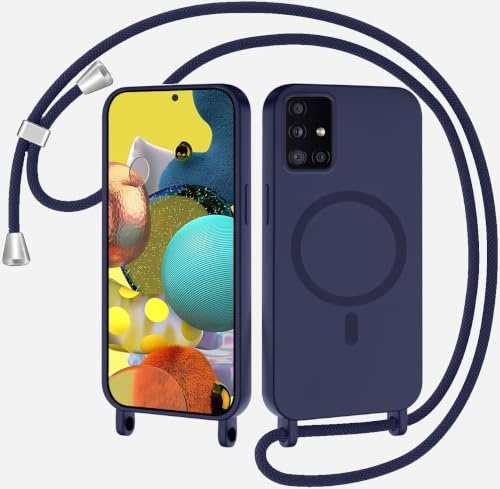 SLWYF Magnetische Handykette für Samsung Galaxy A71 5G Hülle mit Band,Handyhülle Kompatibel mit MagSafe,Silikon Seil Necklace Handyhülle PU Stoßfest mit Abnehmbar Kordel zum Umhängen Case - Dunkelblau