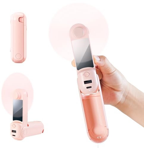 COCOSY Mini Ventilatore Portatile 5-in-1 USB Ricaricabile 2200mAh, 3 Velocità Ventilatore Pieghevole da Scrivania con Torcia LED, Specchio Cosmetico, Power Bank - per Casa/Viaggi, Ufficio, Outdoor