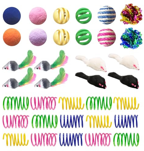 AGYM Cat Toys for Indoor Cats, 35 Packs Interactive Cat Toys Set for Kitten | Cat Toy Set with Colorful Spring, Mouse & Bell Ball, Variety Pack for Bored Kittens & Adults Self Play, Cat Toy Bulk