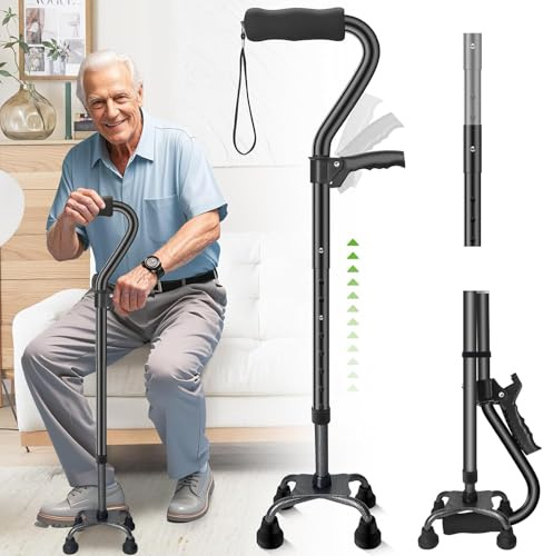 AearKing Canne de Marche, Canne de Marche Pliante avec Base Quadruple, Cannes de Marche pour Homme et Femme avec Double Poignée pour Adultes, Bâton de Marche Réglable en Hauteur