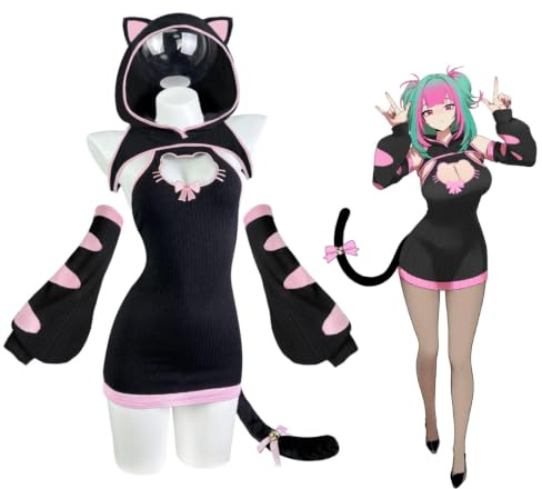 KORURACLUB Cosplay Anime Bodysuit Cat Outfit(4-Piece Set) Sexy Halloween Cosplay Lingerie for Women (Tabby Black, XS-M)