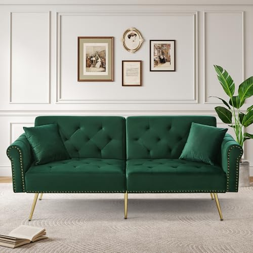 FammyLoft 2-Seater Sofa Bed, Velvet Couch Bed Double with 3-Stage Adjustable Backrest, Loveseat Sofa for Living Rooms, Apartments, and Offices, Couch with Gold-Plated Metal Feet, Green