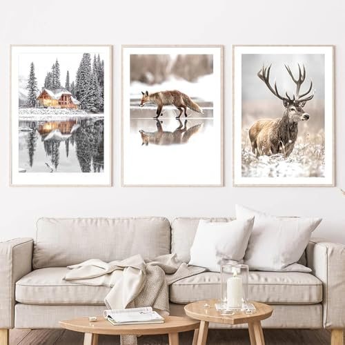 Xiyocadt Weihnachten Rahmenlos Wandbilder, Winter Ohne Rahmen Leinwand Wandkunst, Schnee Hirsch Fuchs Kiefer Bilder, Poster Wanddeko für Schlafzimmer Wohnzimmer Flur (15x20cm)