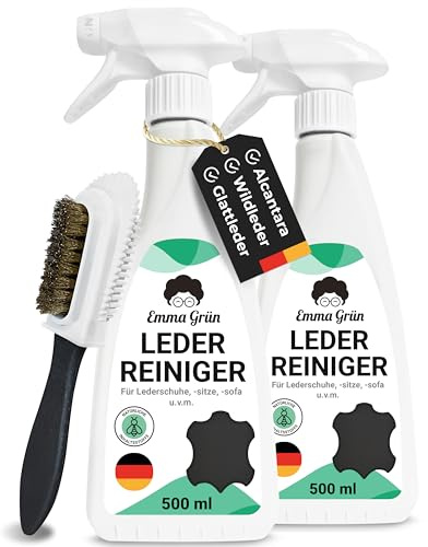 Emma Grün® Lederreiniger Auto & Alcantara Reiniger 2x 500ml [+WILDLEDERBÜRSTE] - Lederpflege Auto für Autositze - Kunstleder & Wildleder Reiniger - Leder Reinigung für Schuhe - Made in Germany