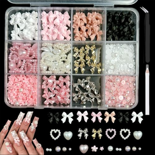 KIRZAX 12-Fächer Nagel-Charms Set, 3D Harzlazur+Perlen/Herz/Blume, mit Strasswachsstift & Aufnehmer, glänzend für Nail Art Damen