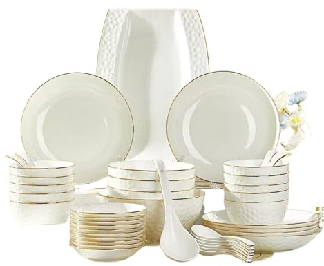 28 Piece Dinner Set Porcelain Plate and Bowl, White | Hand Painted Gold Rimmed, Unbreakable, Evenly Glazed Smooth, Scratch Resistant, Dishwasher and Microwave Safe