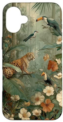 Hülle für iPhone 16 Plus Vintage Regenwald Leopard & Tukan Dschungel Kunst