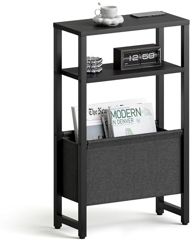 IRCPEN Schwarz Beistelltisch Schmaler Nachttisch LET503B | Dreistufiger Beistelltisch,Für Wohnzimmer Schlafzimmer Flur,Geeignet Für Kleine Räume,Schmaler Konsolentisch Mit Vlieskorb
