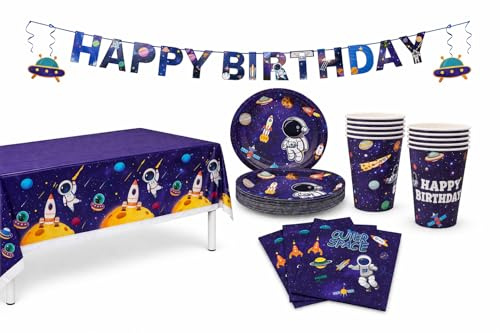 Space Astronaut Party Supplies Pack with Paper Plates, Cups, Napkins, Banner, Table Cloth for 10 Guests