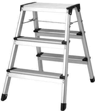 HOMFME Dual-Sided 3 Step Ladder, Lightweight Aluminum Folding Stepladder