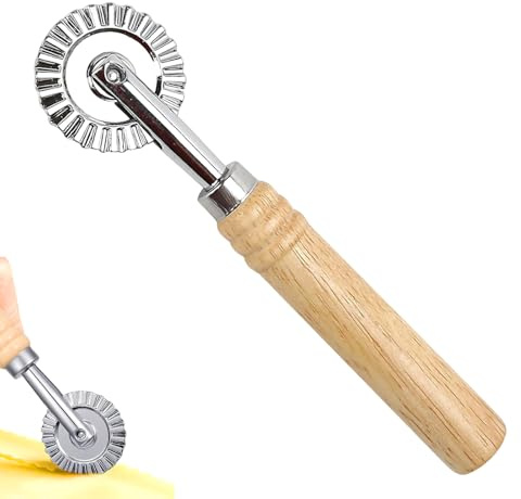 Pasta Cutter Wheel, Ravioli Maker Tool with Wooden Handle, Fluted Pastry Roller for Dumplings, Noodle Slicer for Kitchen Baking and Cooking, Silver