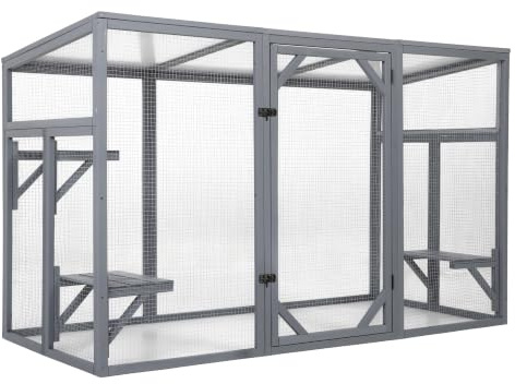 Catio Outdoor Cat Enclosure for 5-7 Cats, 180 x 80 x112 cm Sloping Roof Cattery Outdoor for Cats House Cage Indoor, Wooden Catio with Lockable Door, 3 Platforms, Weatherproof