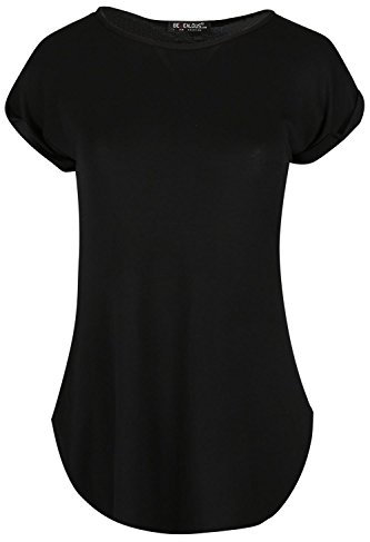 Be Jealous Womens Curved Hem Plain Turn Up Cap Sleeve Tops Black Plus Size (UK 16/18)