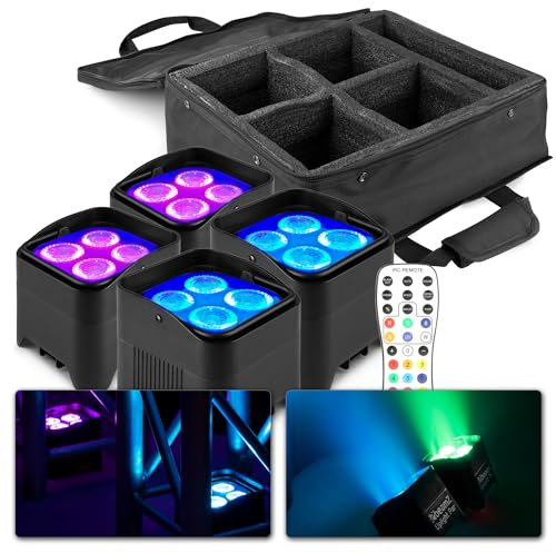 BeamZ BBP94W Uplight LED Par Strahler, 4er Set mit Tasche, 4 x 10 Watt, Akku Bühnenbeleuchtung 4er Set für DJ Pult, Bühnenlicht, DMX-WLAN, Partylicht Musikgesteuert, Bühnenequipment, Fernbedienung