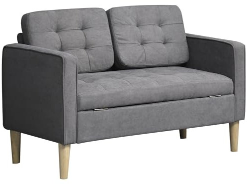 HOMCOM Modern 2 Seater Sofa with Hidden Storage, 117cm Tufted Cotton Couch with Wood Legs, Compact Loveseat for Living Room, Kitchen, Grey