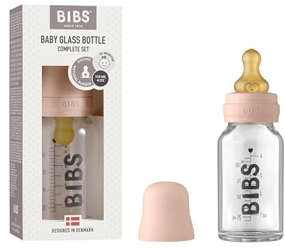 BIBS Baby Glass Bottle. Anti-colique. Embout rond en latex de caoutchouc naturel. Favorise l’allaitement naturel (Transparent, Complete Set - 110 ml)
