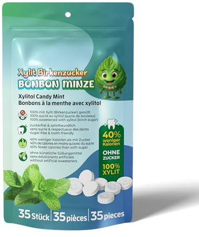 Xylit Bonbons Minze, Tschüß Karies: zuckerfrei mit 100% Xylit, 35 Stk | Xylit Birkenzucker Bonbons - zuckerfrei, zahnfreundlich, kalorienreduziert & vegan - 35 Zahnpflegebonbons im Standbeutel 70g