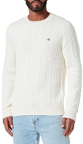 GANT Men's Cotton Cable C-Neck Pullover, Cream, M