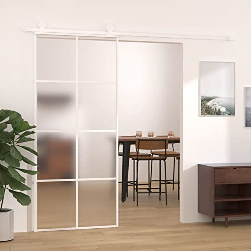 Keketa Puerta corredera de cristal, puerta corredera de cristal con tope para puertas correderas, divisores 90 x 205 cm, cristal templado blanco mate y aluminio