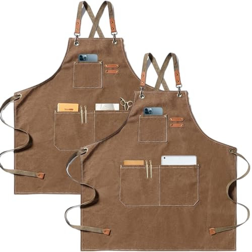Küchenschürze aus Canvas (2 Stück), Arbeitsschürze mit 3 Taschen, verstellbarer Riemen, professionelle wasserdichte Grillschürze für Herren und Damen, für Friseur, Küche, Gärtner, grau, 120 cm