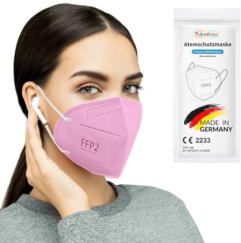 TubeRoo FFP2 Maske MHD 04/2025 pink rosa 10 Stück Masken aus Deutschland, Made in Germany, weiche runde Ohrschlaufen Bänder, Atemschutzmaske, Mundschutz, Schutzmaske, Staubmaske, Feinstaubmaske