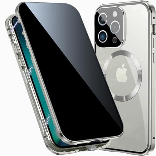 TOPF&B Magnetic Case for iPhone 15 Pro Max Privacy Cover,360 Degree Full Cover Built-in Privacy Screen Protector and Camera Protector[Compatible MagSafe],Metal Bumper Case for iPhone 15 Pro Max,Gray