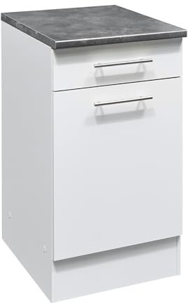 Eddy Moderner Küchenunterschrank in Weiß matt, Metallic Grau - Geräumiger Unterschrank Küche mit viel Stauraum - 50 x 90 x 60 cm (B/H/T)