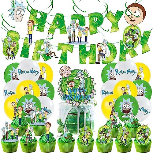 50PCS Rick & Morty Party Balloon Decorations,Rick & Morty Theme Party Decorations Set Birthday Decorations Rick & Morty Balloons Happy Birthday Banner Cake Toppers for Kids Boys