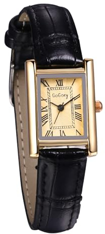 JewelryWe Uhren Damen Leder Rechteckig: Vintage Analog Quarz Armbanduhr Frauen Schwarz Leder Armband Uhr Kleine Damenuhr mit Gold Rechteck Römischen Zahlen Zifferblatt