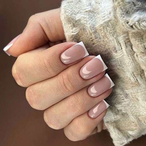 MrCuvaryas French Press On Nails Kurz Square Soft Gel Nail Tips, 24 Stk Nägel zum aufkleben Fake Nails, Eckig Natural Hautfarbe Acryl Künstliche Fingernägel, Französischer Maniküre mit Weißen Rändern