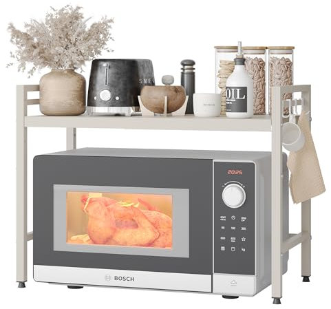 NETEL Support pour micro-ondes à 2 étages, organiseur d'étagère pour micro-ondes avec crochets, roulettes, support pour planche à découper, blanc, extensible de 40-60 cm