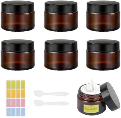 Amber Glas Leerdose,50ml Cremedose zum Befüllen, 6 Stück Salbentiegel mit 2 Spatel und Aufkleber, Leer Nachfüllbare Cremetiegel, Braunen Glasbehälter für Lotion, Creme, Kosmetik