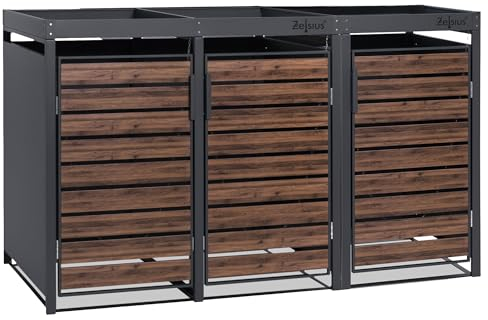 Zelsius Mülltonnenbox 3er mit Pflanzdach für 3 Tonnen | 120-240 Liter | Anthrazit RAL 7016 | Tür in dunkelbrauner Holzoptik mit Erweiterungsmöglichkeit | Mülltonnenverkleidung