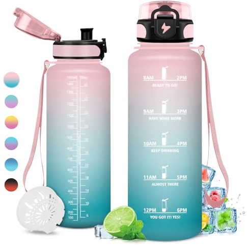 Gourde Sport 1.5L, Grande Gourde Gym, Étanche et Réutilisable, Bouteille d'eau avec Marqueur de Temps et Filtre, sans BPA, Gourde Adulte, l'école, Voyage, Camping, Randonnée, Running, Campeggio