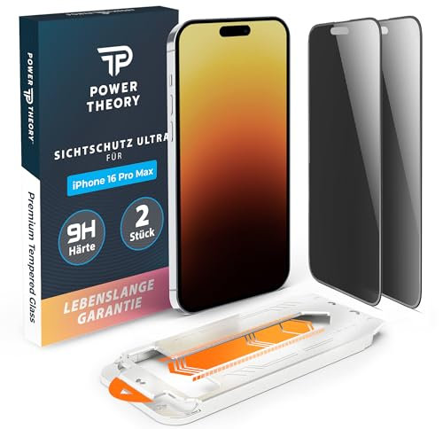 Power Theory Sichtschutz für iPhone 16 Pro Max Sichtschutz, Ultra-Glas Displayschutz Folie mit 9H Glas Bruchfestigkeit, Blasenfreie Anbringung & Schnelle Installation [2 Stück]