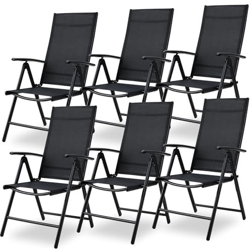 LIFERUN Gartenstuhl Hochlehner 6er Set, Aluminium Klappstuhl mit 7-Fach Verstellbar Rückenlehne, Alu Balkonstuhl, Klappbar Campingstuhl, Atmungsaktiv & Wetterfest, Schwarz 6pcs