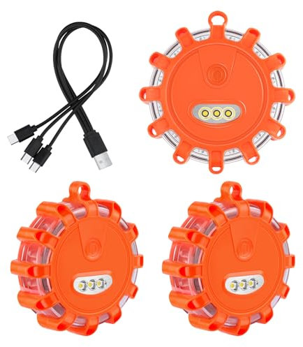 AK Gyrophare LED,Clignotant Routier LED,Indicateur de disque d'urgence rechargeable USB avec 9 modes de clignotement,câble Type C chargeur camion clignotant lumière d'avertissement (3 Paquet, Orange)