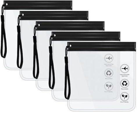 EUZUXU 5 Stück Flughafen Zugelassener Durchsichtiger Kulturbeutel, 20 x 20cm, Wasserdichter und Auslaufsicher mit Griff, Reise Kosmetiktasche Reisegrößen Waschtasche für Damen & Herren