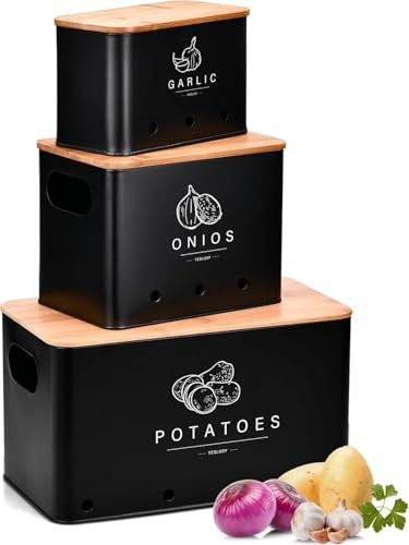 EOPUOZS Lot de 3 Boite Pomme de Terre, Rangement Oignons Ail Pomme de Terre, Bocaux Rangement Cuisine au Design Rétro avec Couvercle en Bambou et Trous de Ventilation (noir)
