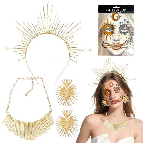 Sonnengöttin Halo Stirnband, Sonnengöttin Kostüm Zubehör Kopfbedeckung, Sonne Kostüm Costume Accessories, Kopfbedeckung Halskette Ohrringe Gesicht Tattoo Gold Griechische Göttin Damen Karneval Cosplay
