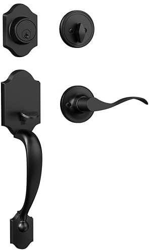 Camtek Matte Black Front Door Handle and Deadbolt Set,Single Cylinder Front Door Lock Set with Reversible Handle,Exterior Door Handle with Deadbolt Lock and Keyed