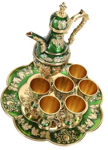 Asixxsix Juego de té turco,kit de vinoteca metálica estilo europeo,cafetera turca vintage con 6 tazas y vinoteca para decoración del hogar,cumpleaños y bodas,juego de tetera vintage (Oro Verde)