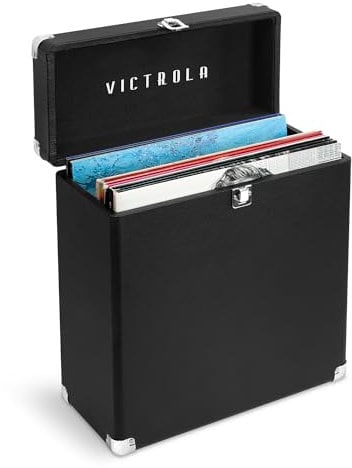 Victrola Vintage-Schallplatten-Aufbewahrungs- und Tragetasche, passend für alle Standard-Schallplatten – 33 1/3, 45 und 78 U/min, für 30 Alben, perfekt für Ihre Schallplattensammlung, Schwarz