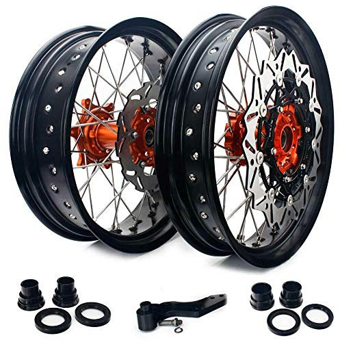 TARAZON Supermoto Vorderradfelge 17 X 3,5 + Hinterradfelge 17 x 5,0 mit vorne hinten Bremsscheiben + Bremssatteladapter für 125-525 SX MXC SXS EXC XC